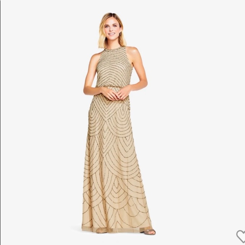 Adrianna Papell Art Deco Blouson Dress with halter neckline in nude.